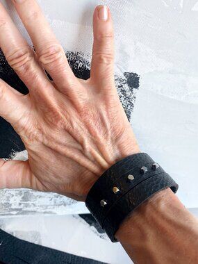 MishaGirl Handmade Black Beaded Leather Cuff Bracelet with Slits